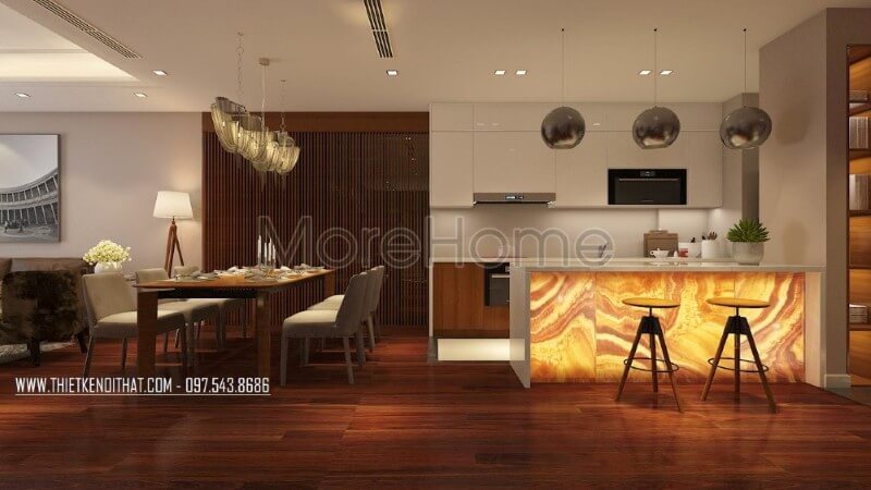 Thiết kế nội thất phòng bếp chung cư nhỏ gọn không quá phô trương về diện tích với đầy đủ các vật dụng cần thiết cho một căn bếp hiện đại. Thiết kế phòng bếp, tủ bếp đẹp