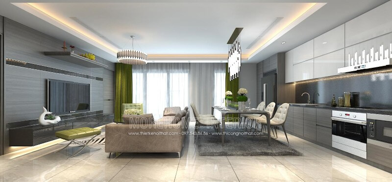 Thiết kế tủ bếp chung cư nhỏ liền kề với không gian sinh hoạt chung khác tạo sự thuận tiện cho gia chủ Thiết kế phòng bếp, tủ bếp đẹp