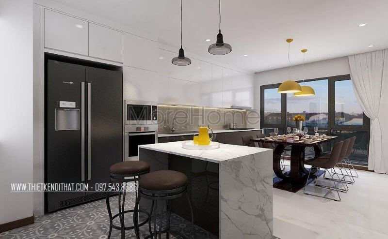 Bố trí nội thất phòng ăn, phòng bếp xen kẽ tạo nên nét đẹp hiện đại, sang trọng cho biệt thự, nhà phố. Thiết kế phòng bếp, tủ bếp đẹp