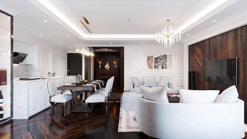 Mẫu thiết kế nội thất phòng khách chung cư đẹp với gỗ óc chó sang trọng Mẫu nội thất chung cư tân cổ điển