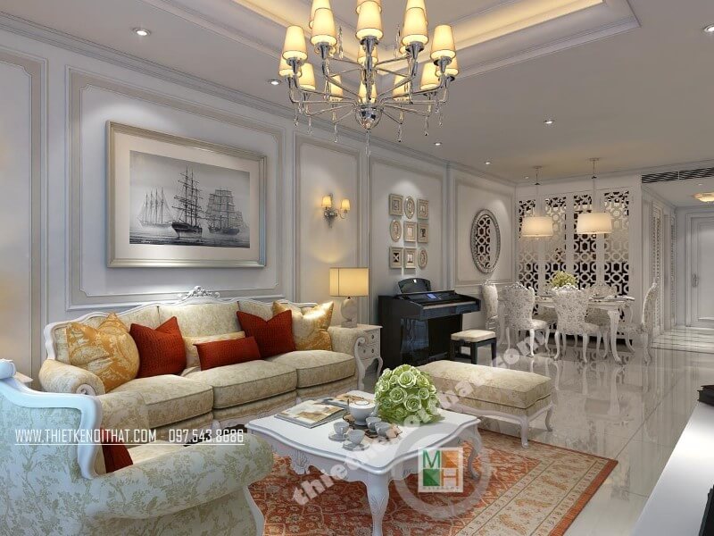 Thiết kế nội thất phòng khách chung cư theo phong cách tân cổ điển không chỉ đem đến cho khách hàng một không gian sống sang trọng, đẳng cấp mà còn thể hiện được gu thẩm mĩ của gia chủ Mẫu nội thất chung cư tân cổ điển