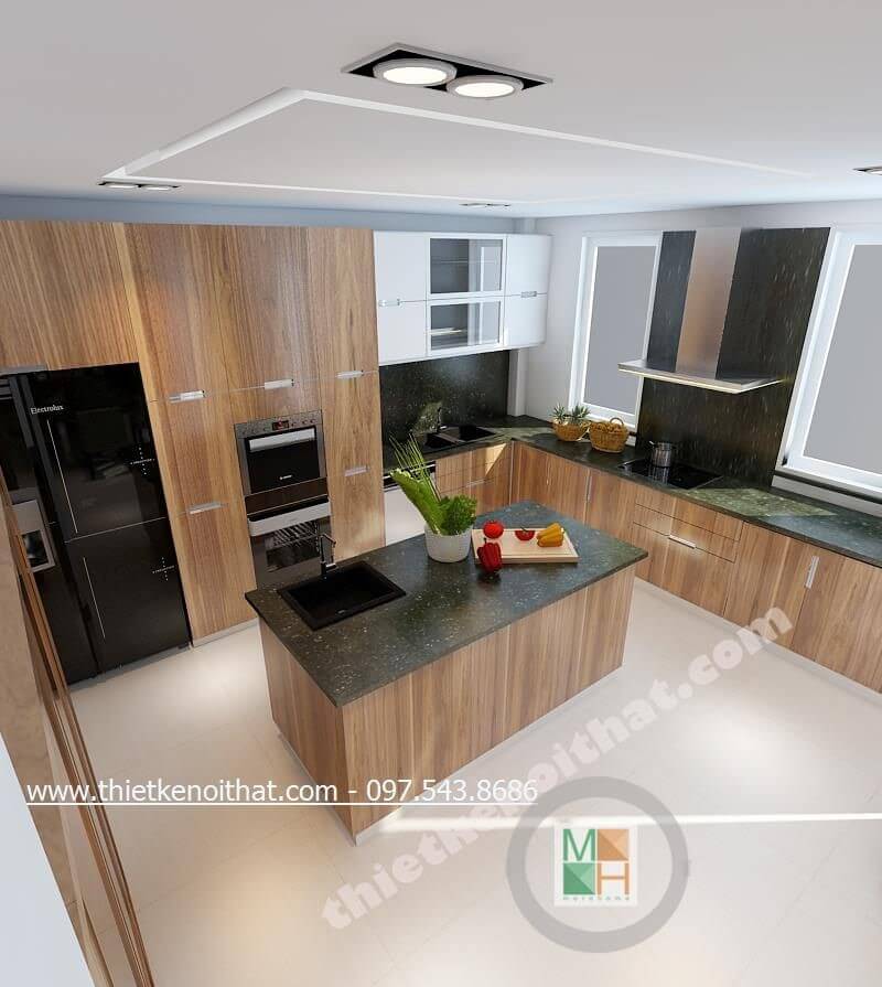 Mẫu tủ bếp gỗ công nghiệp với tone màu nâu sáng hiện đại mang lại không gian thoải mái, sạch sẽ cho người nội trợ Thiết kế và sản xuất tủ bếp đẹp