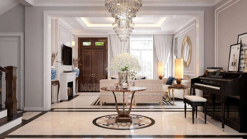 Thiết kế nội thất phòng khách tân cổ điển có đàn piano đẹp, sang trọng tại biệt thự Palm Garden. Tiết lộ các mẫu thiết kế phòng khách ưa chuộng nhất hiện nay