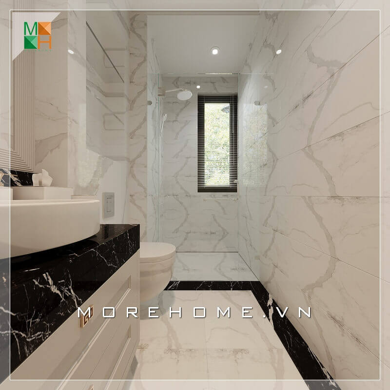 Thiết kế nhà tắm chung cư sử dụng vật liệu xây dựng gạch lát nền và ốp tường bằng gạch giả vân đá màu sáng tạo không gian phòng tắm đẹp và rộng hơn. Mẫu thiết kế nội thất chung cư đẹp