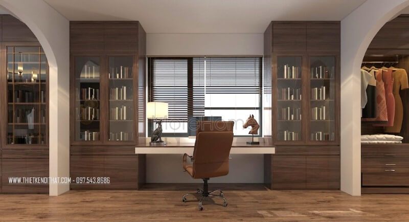 Thiết kế khu vực làm việc hiện đại, thông minh, kệ sách hiện đại nối liền với bàn gỗ công nghiệp giúp cho gia chủ tiện nghi, tập trung nhất