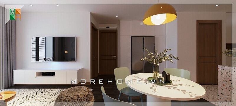 Kệ ti vi phòng khách chung cư đơn giản, hiện đại, kết hợp với rèm cửa uyển chuyển sẽ góp phần tạo nên sự tinh tế và sang trọng cho phòng khách.