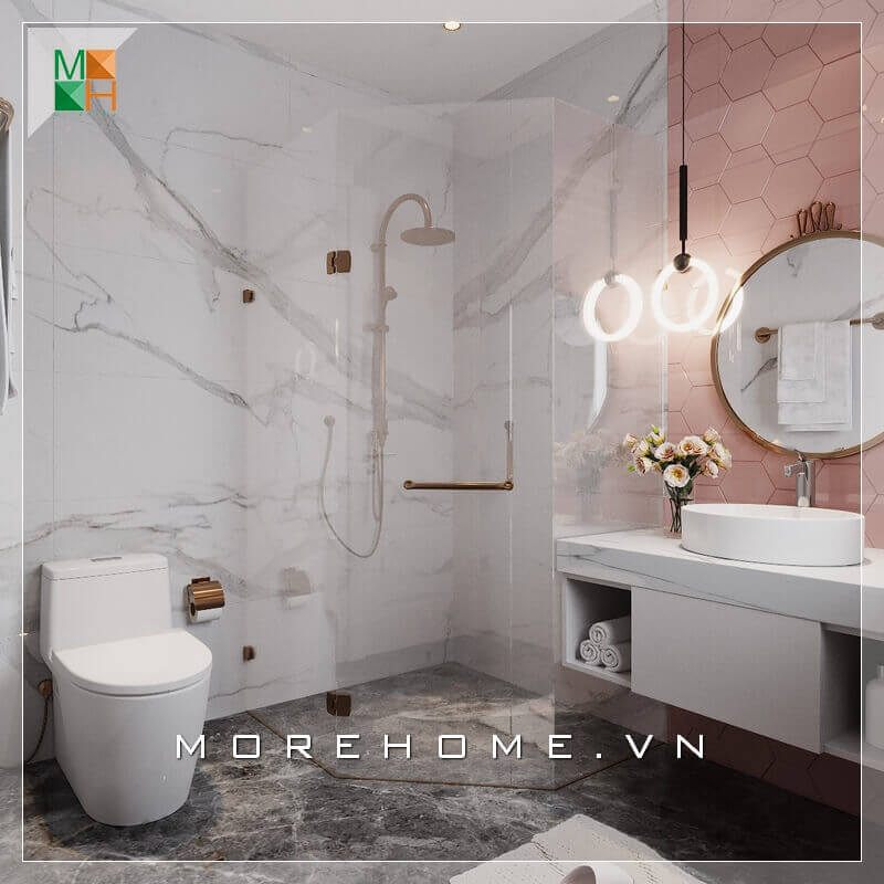 . Sử dụng đá nhân tạo cao cấp để ốp tường phòng tắm sẽ góp phần tạo nên sự sang trọng, hiện đại cho không gian thư giãn cá nhân của bạn.